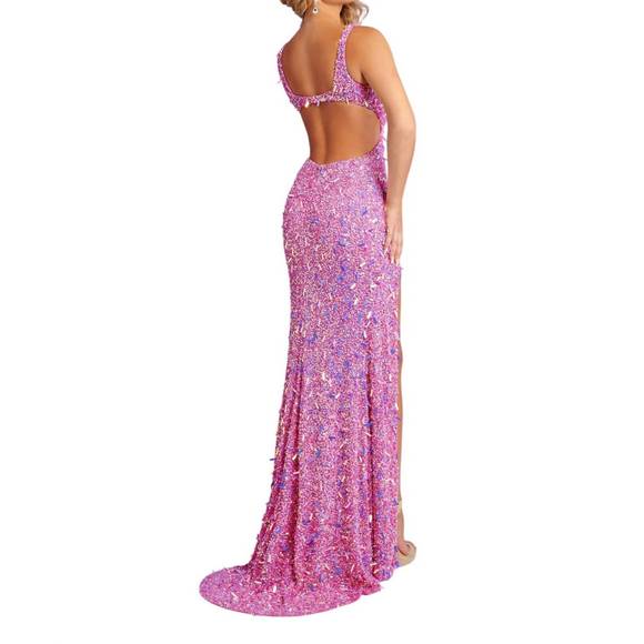 NEW RACHEL ALLAN open back v-neck prom dress in pink multi - Picture 2 of 2